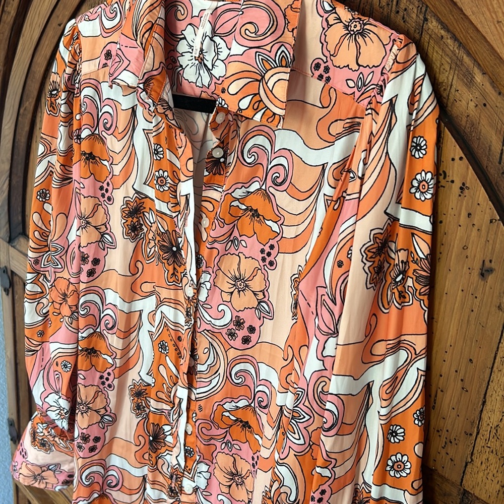 Free People Serena Printed Button Down Silky Floral Boho 70’s Top Blouse Shirt - Picture 7 of 13